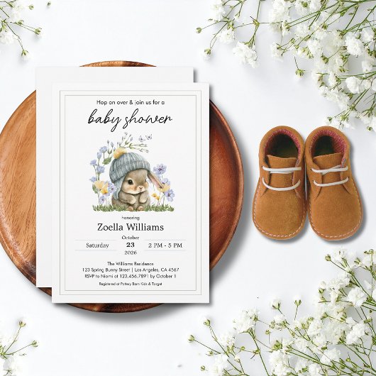 Baby Shower Invitation Simple Flowers Bunny Kaart