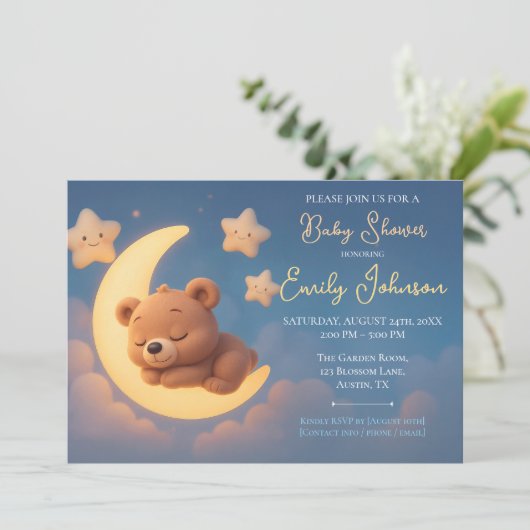 Baby Shower Invitation – Teddy Bear on the Moon Kaart (Staand voorkant)