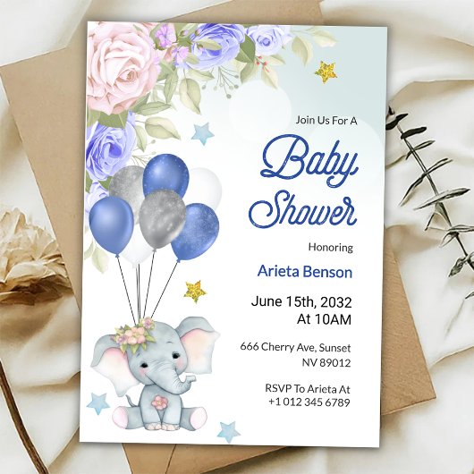 Baby shower invitation with a cute elephant kaart