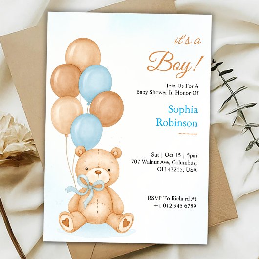 Baby shower invitation with a cute teddy bear kaart