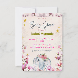 Baby Shower Invitation with Floral Elephant. Kaart