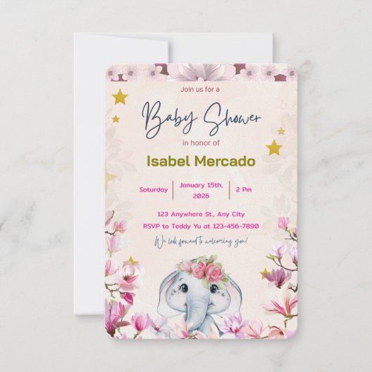 Baby Shower Invitation with Floral Elephant. Kaart (Voorkant)