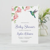baby shower invitation with pink flowers and bird  kaart (Staand voorkant)