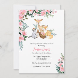 Baby shower Invitation, Woodland Pink Animals Girl Kaart