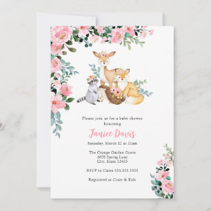 Baby shower Invitation, Woodland Pink Animals Girl Kaart