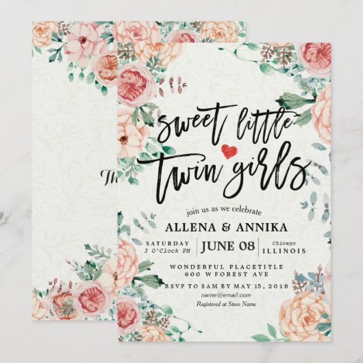 Baby Shower Invitations Sweet Little Twin Girls Bedankkaart (Voorkant / Achterkant)