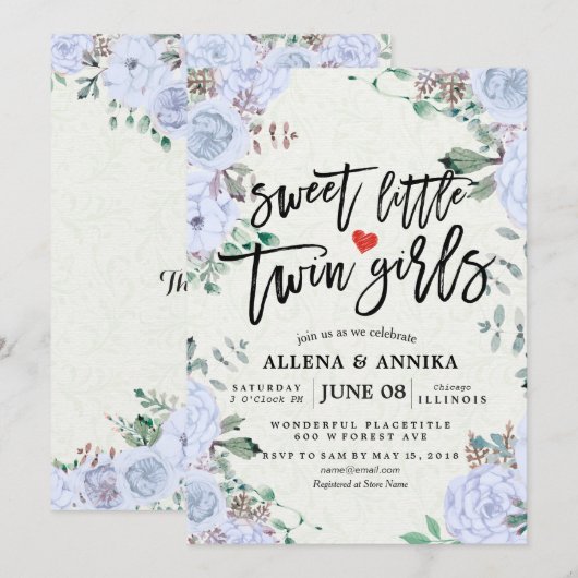 Baby Shower Invitations Sweet Little Twin Girls Bedankkaart (Voorkant / Achterkant)