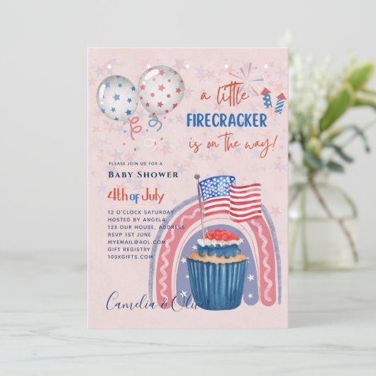 baby shower INVITE Firecracker Cupcake Kaart (Staand voorkant)