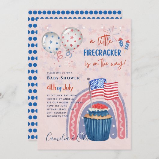baby shower INVITE Firecracker Cupcake Kaart (Voorkant / Achterkant)