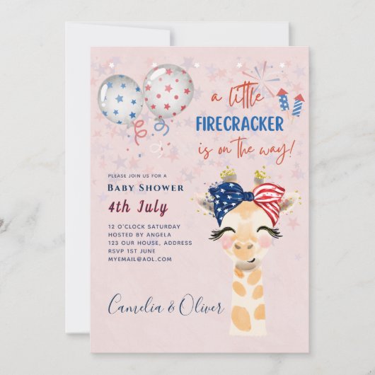 baby shower INVITE Firecracker Giraffe 4 juli Kaart (Voorkant)
