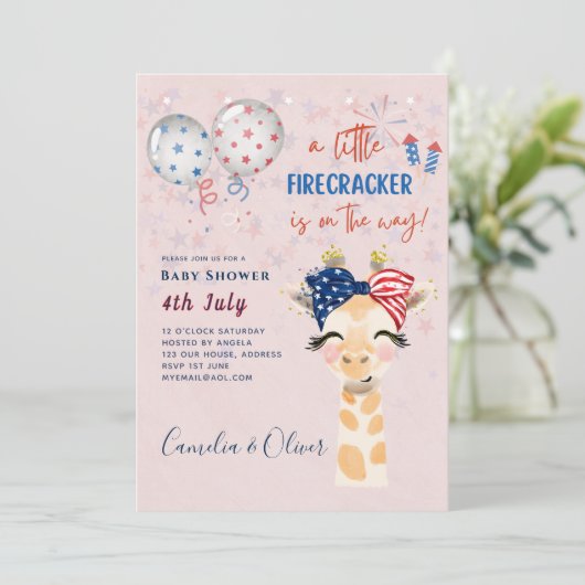 baby shower INVITE Firecracker Giraffe 4 juli Kaart (Staand voorkant)