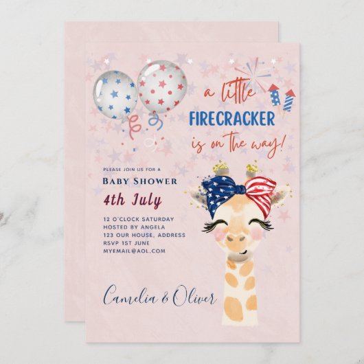 baby shower INVITE Firecracker Giraffe 4 juli Kaart (Voorkant / Achterkant)