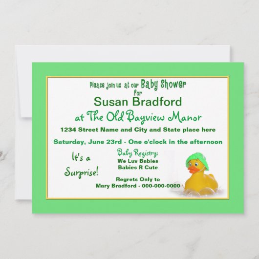 BABY SHOWER INVITE - GROENE PET - RUBBER DUCKY KAART (Achterkant)