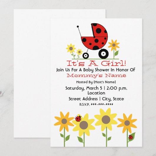 baby shower Invite - Ladybugs en wilde bloemen Kaart (Voorkant / Achterkant)
