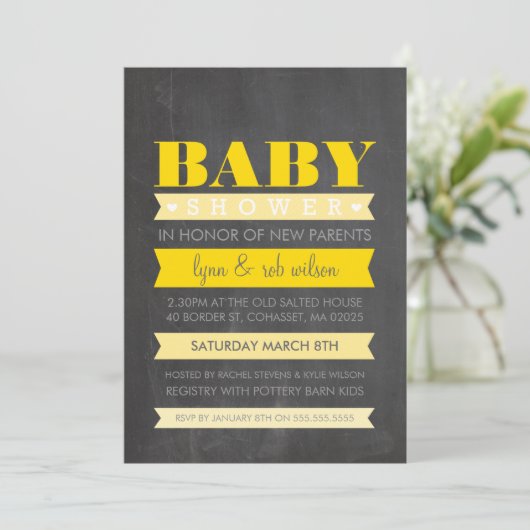 BABY SHOWER INVITE modern krijtbord geel grijs Kaart (Staand voorkant)