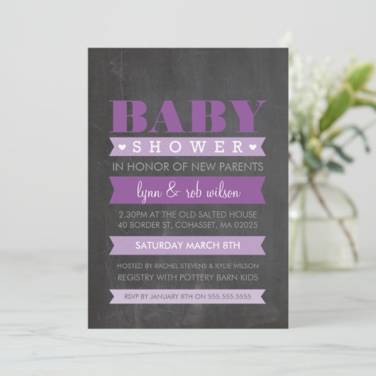BABY SHOWER INVITE modern krijtbord paarse Kaart (Staand voorkant)