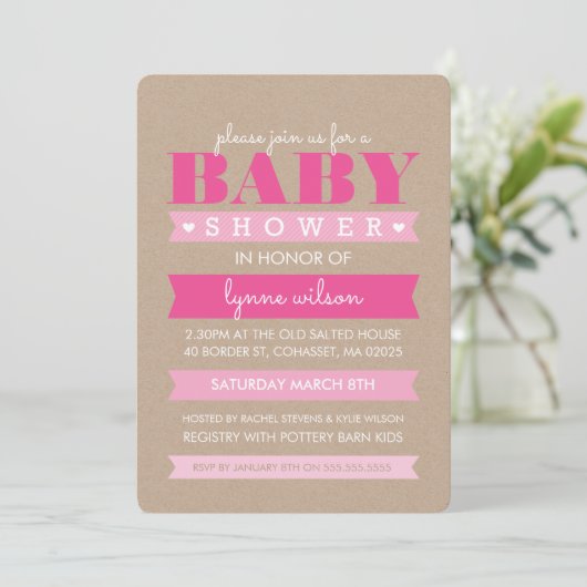 BABY SHOWER INVITE moderne roze kraft wit Kaart (Staand voorkant)