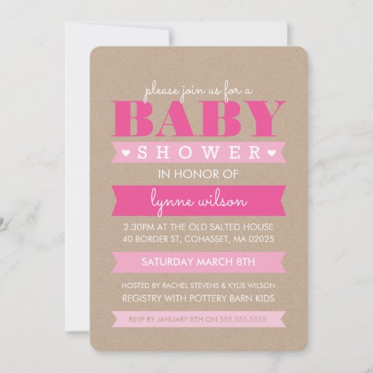 BABY SHOWER INVITE moderne roze kraft wit Kaart (Voorkant)