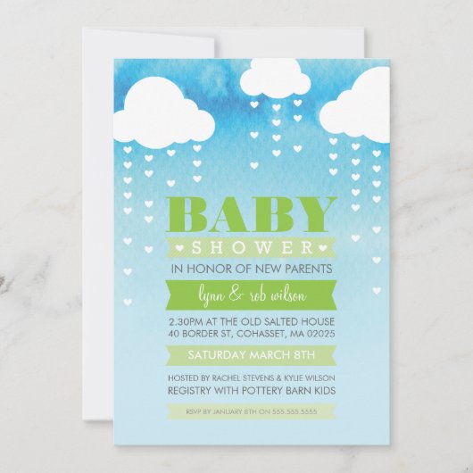 BABY SHOWER INVITE-regenharten waterverf groen Kaart (Voorkant)