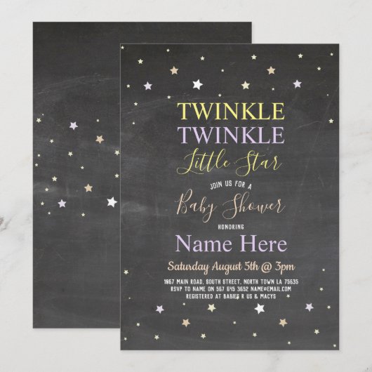 baby shower Invite Twinkle Twinkle Star Chalk Kaart (Voorkant / Achterkant)