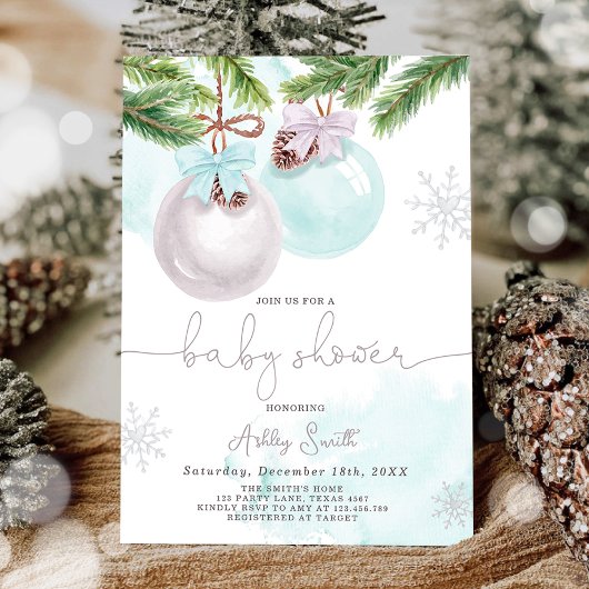 Baby shower Invite Winter Christmas Blue Boy Kaart