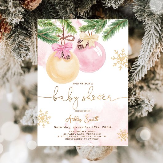 Baby shower Invite Winter Kerstmis Roze Meisje Kaart