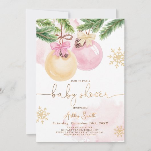 Baby shower Invite Winter Kerstmis Roze Meisje Kaart (Voorkant)