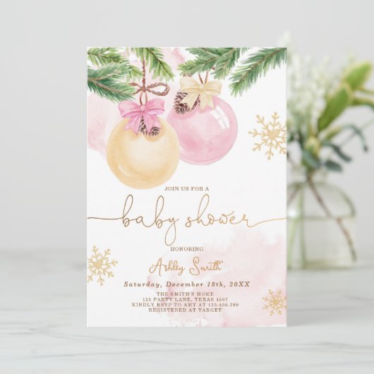 Baby shower Invite Winter Kerstmis Roze Meisje Kaart (Staand voorkant)