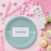 Baby shower, jonge kerstman blauwe geboortedatum papieren bordje (Feest)