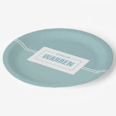 Baby shower, jonge kerstman blauwe geboortedatum papieren bordje (Gekanteld)