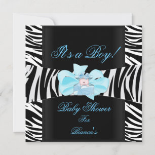 Baby Shower Jongen Baby Blauw Zwart Wit Zebra Prin Kaart