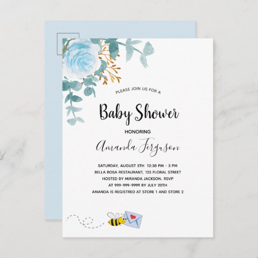 Baby shower jongen blauw florale grienery mam om t briefkaart (Voorkant / Achterkant)