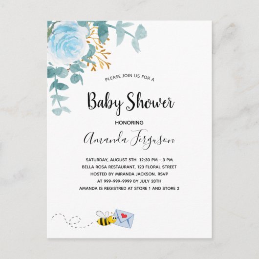 Baby shower jongen blauw florale grienery mam om t briefkaart (Voorkant)