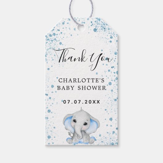Baby shower jongen blauw wit olifant dank u cadeaulabel (Voorkant)