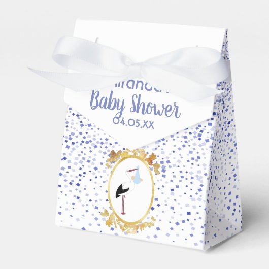 Baby shower jongen blauw witte ooievaars monogram bedankdoosjes (Voorkant Zijde)