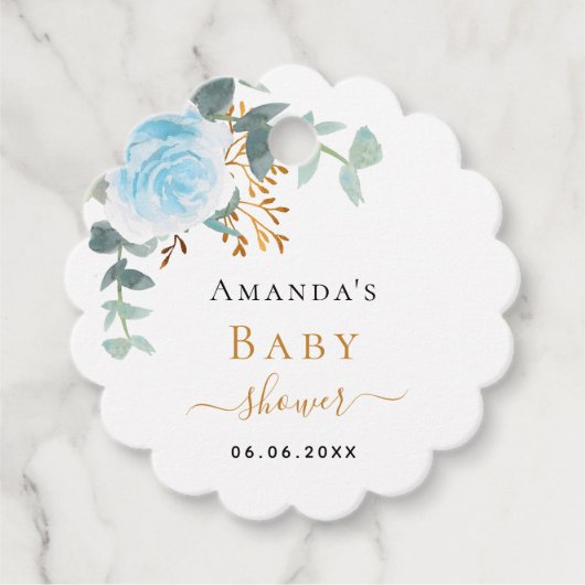 Baby shower jongen blauwe florale eucalyptus bedankjes labels (Voorkant)
