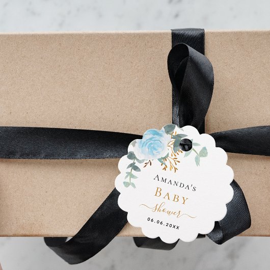 Baby shower jongen blauwe florale eucalyptus bedankjes labels