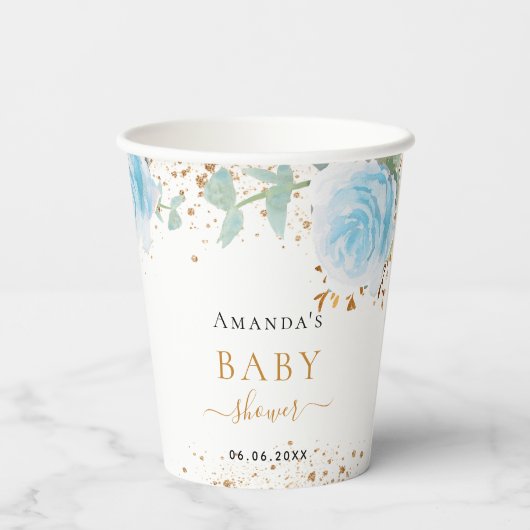 Baby shower jongen blauwe florale eucalyptus papieren bekers (Achterkant)