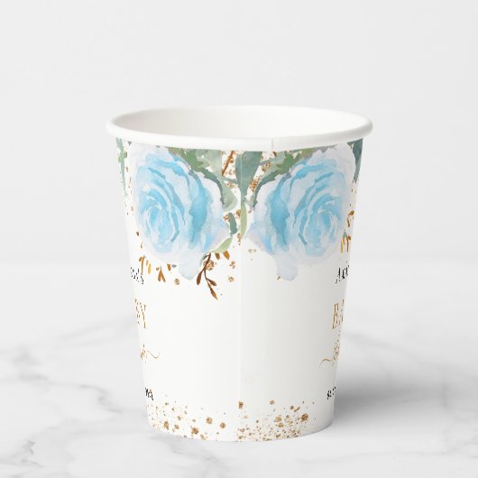Baby shower jongen blauwe florale eucalyptus papieren bekers (Rechts)