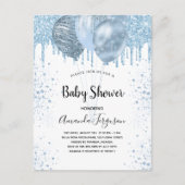 Baby shower jongen blauwe glitterballons zilver uitnodiging briefkaart (Voorkant)