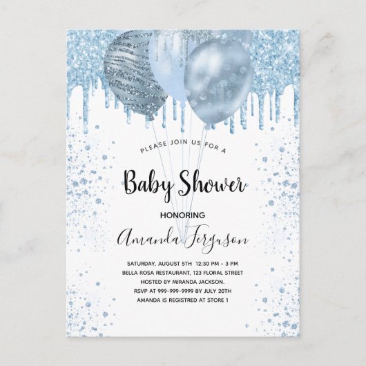 Baby shower jongen blauwe glitterballons zilver uitnodiging briefkaart (Voorkant)