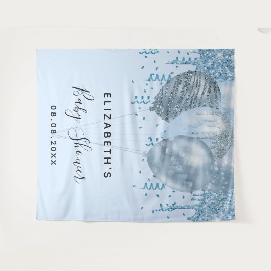 Baby Shower jongen blauwe glitters ballonnen zilve Wandkleed (Voorkant (horizontaal))