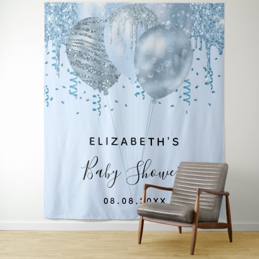 Baby Shower jongen blauwe glitters ballonnen zilve Wandkleed (In situ)