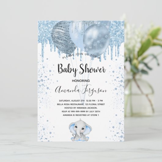 Baby shower jongen blauwe olifantenballonnen kaart (Staand voorkant)