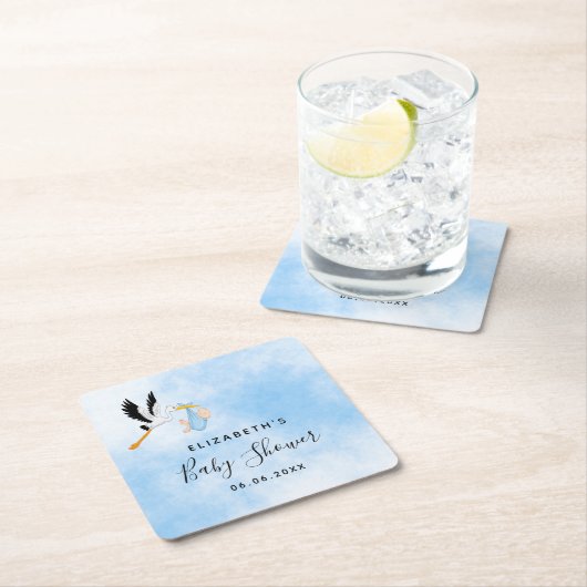 Baby shower jongen blauwe ooievaar schattig kartonnen onderzetters (Insitu)