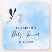Baby shower jongen blauwe ooievaar schattig kartonnen onderzetters (Voorkant)