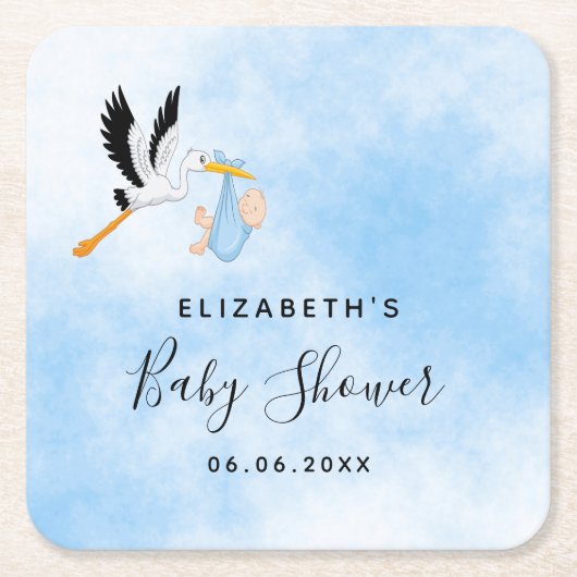 Baby shower jongen blauwe ooievaar schattig kartonnen onderzetters (Voorkant)