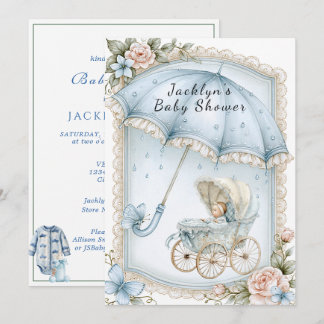 Baby Shower Jongen Blauwe Paraplu Regendruppels Kaart