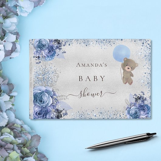 Baby shower jongen blauwe teddy beer glitter flora gastenboek