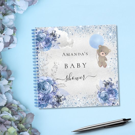 Baby shower jongen blauwe teddy bloem gastenboek notitieboek